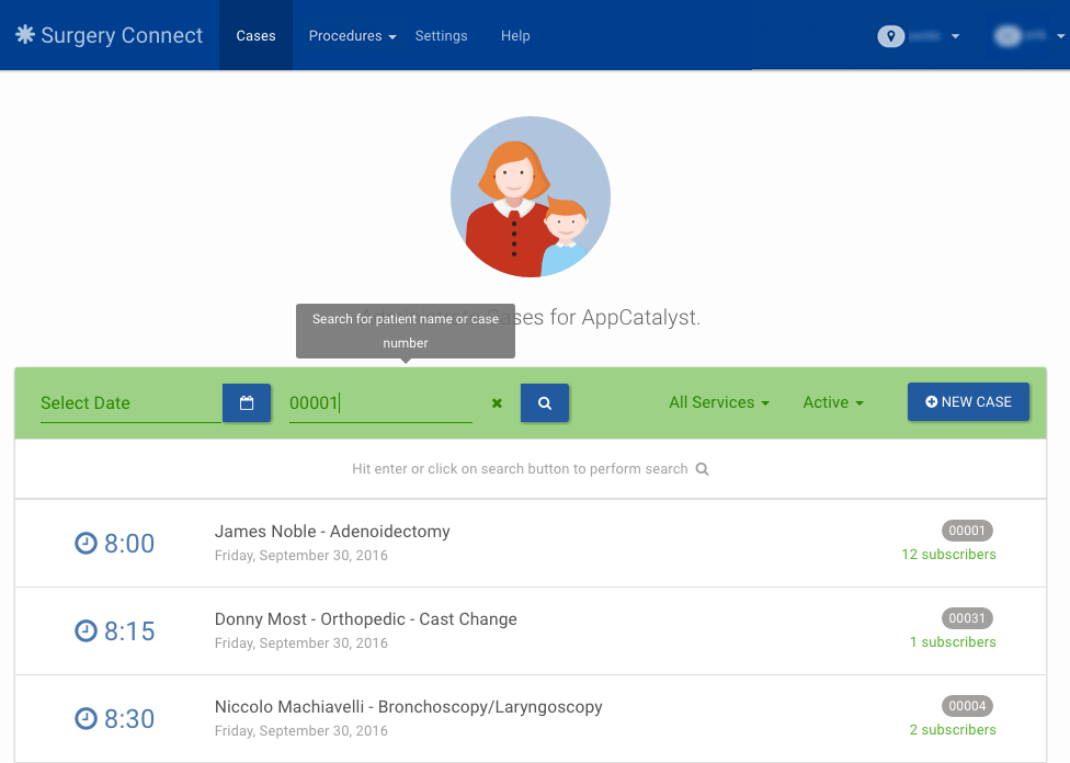 Search Case Number or Patient Name